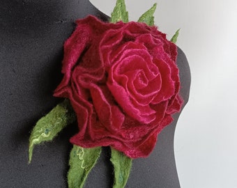 Large Burgundy Rose Brooch: Handmade Felted Wool Flower