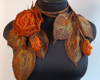 Oversize brooch Orange autumn large flower brooch Felted scarf flower bouquet Floral scarf Flower lariat scarf Handmade scarf designs