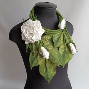 White Rose Felted Scarf Necklace: Handmade Floral Lariat