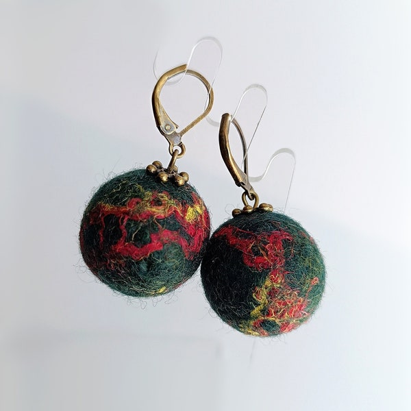 wool felt ball earrings, boho handmade earrings, dangle light earrings, abstract fiber pattern, emerald earrings, unique gift for her