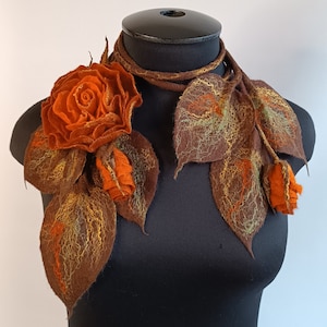 Oversize brooch Orange autumn large flower brooch Felted scarf flower bouquet Floral scarf Flower lariat scarf Handmade scarf designs