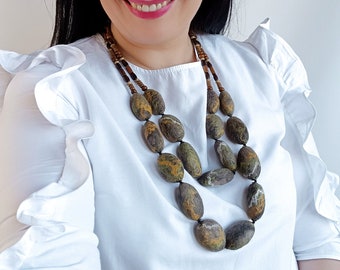 Long Felt Stone Necklace – Double Layer Wool Jewelry – Adjustable Natural Necklace – Abstract Statement Necklace Gift for Her