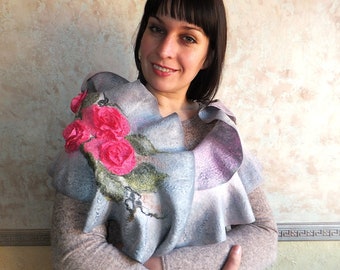 Gray felted womens scarf, pink silk roses, long wavy collar, merino wool shawl, hand painted scarves, floral shawl handmade, silk scarf