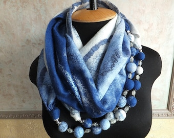 Blue white snood scarf, Cowl neck scarf handmade felt balls, Merino wool felt scarf, Double loop scarf necklace, Infinity cowl felted collar