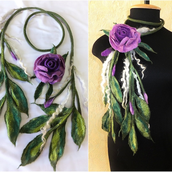 Bijoux floral multicolore écharpe feutre fleurs lariat collier bijoux en laine feutre écharpe laine broche en feutre fleur lariat collier rose broche