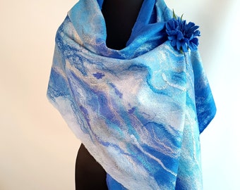 Blue handmade felt scarf sky, womens stole, scarf and brooch set, cornflower brooch,  unique gift, large woolen shawl, natural wool scarf