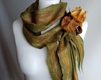 Olive Felted Scarf, Merino Wool Wrap, Mustard Iris Flower, Nuno Felt Shawl
