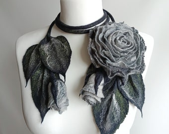 Felt lariat flower rose, Oversize large brooch, Gray felt scarf necklace, Handmade scarf designs, wet wool felting, felted accessory