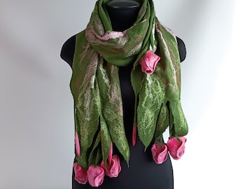 Felted Flower Scarf, Green Merino Wool Wrap, Pink Tulip Scarf, Nuno Felt Shawl