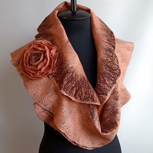 Beige natural merino wool felt shawl Brown womens felted wool scarf Large brooch Handmade eco gift Floral scarves Unique scarf evening dress