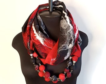 Long necklaces for women Scarf snood Red black felted scarf Felt necklace Merino wool felt Woolen accessory Women&#39;s gift Felt scarf handmade