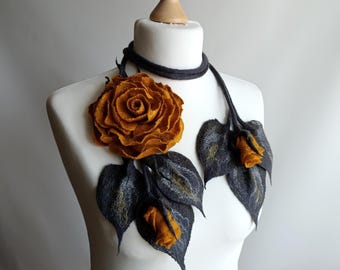 Mustard Yellow Felt Rose Lariat Necklace, Handmade Wearable Art