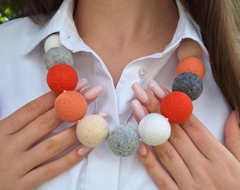 Felt Ball Necklace in Neutral & Orange Tones • Soft Wool Statement Jewelry • Durable Gift • Eco-Friendly Necklace for Her