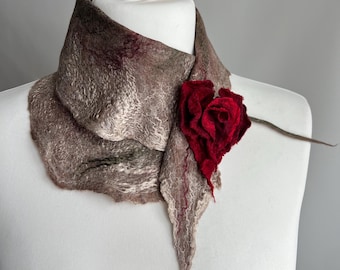 Felted Wool Collar with Rose Brooch, Handmade Wet Felt Scarf Collar