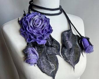 Wet Felted Rose Scarf Necklace: Handmade Wool Lariat with Brooch
