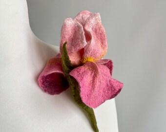 Pink Iris Brooch, Felted Flower, Handmade Wool Floral Pin