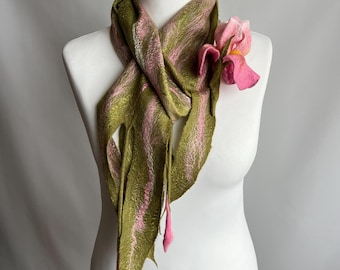 Pinkish Green Felted Merino Scarf with Iris Flower Brooch – Handmade Wool Designer Accessory