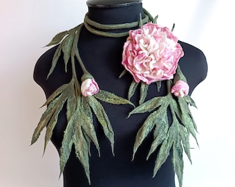 Handmade Felted Flower Lariat: Merino Wool Peony Brooch