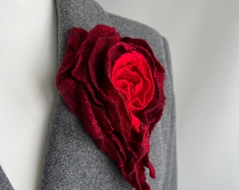 Burgundy Felt Rose Brooch, Gothic Flower Pin, Wearable Fiber Art, Statement Textile Jewelry