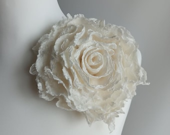 Handmade White Merino Wool Rose Brooch: Bridal Wedding Pin