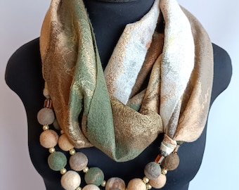 Earth Tone Autumn Scarf Necklace, Taupe Beige Merino Wool Wearable Art