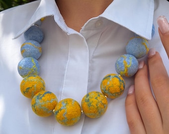 Modern Felt Ball Necklace in Blue Yellow Shades