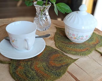 Handmade Felted Wool Leaf Coasters: Green Olive Design