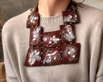 Brown Geometric Felted Collar, Wet Felted Merino Wool Designer Neckpiece