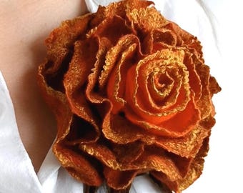 Fall Coat Pin, Terracotta Wool Rose Brooch, Autumn Scarf Pin, Statement Flower Accessory