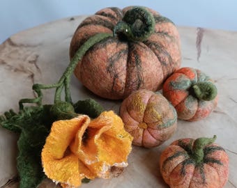 May include: A collection of handmade felt pumpkins in various sizes, with green stems and orange and brown coloring. A large felt flower with yellow petals and green leaves is also present, suggesting a fall or harvest theme.