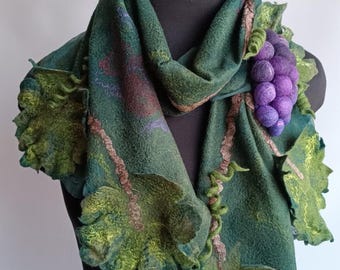 Emerald Merino Silk Scarf, Purple Grape Brooch, Botanical Felted Shawl, Designer Wearable Art