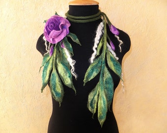 Felted Wool Flower Lariat Necklace: Handmade Floral Scarf Brooch
