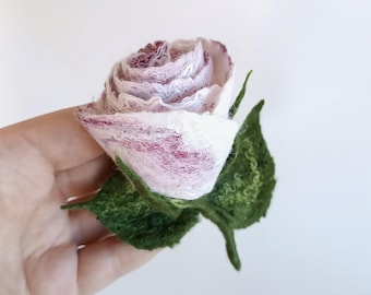 White Pink Rosebud Brooch, 3D Merino Wool Flower Pin