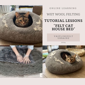 May include: A tutorial for making a felt cat bed. The image shows a gray felt cat bed with a cat inside, a close-up of hands felting wool, and the text "ONLINE LEARNING WET WOOL FELTING TUTORIAL LESSONS "FELT CAT HOUSE BED" VASYLINEFELT UKRAINE 2024".