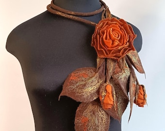 Fall Scarf Necklace with Rose Brooch, Terracotta Wool Lariat, Autumn Floral Coat Accessory