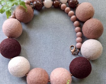 Felt Ball Necklace Cocoa Pink, Wool Statement Necklace, Chunky Bead Jewelry