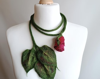 Rose Lariat Necklace, Wearable Fiber Art, Botanical Fashion Jewelry, Felt Flower Statement Piece