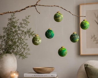 Set of 5 Green Felted Christmas Ornaments – Wool Felt Balls, Handmade Tree Decorations