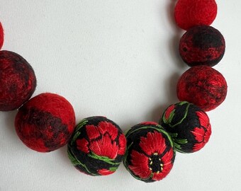 Embroidered Poppy Necklace, Statement Textile Jewelry, Artisan Floral Felt Necklace