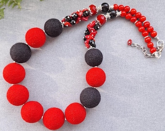 Red Black Felt Ball Necklace: Handmade Merino Wool Choker