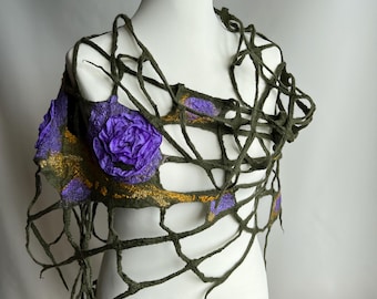 Sculptural Cobweb Felt Scarf with 3D Silk Flowers, Merino Wool Wearable Art Shawl
