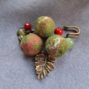 Green Felt Brooch • Apple Inspired Wool Ball Pin • Woodland Gift for Her • Eco Felt Jewelry • Handmade Brooch Leaf Detail