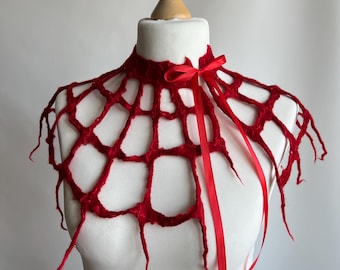 Abstract Red Cobweb Collar, Openwork Merino Wool Neckpiece, Wet Felted Designer Accessory