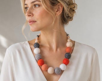 Large Felt Ball Necklace in Neutral Peach & Orange | Lightweight Wool Jewelry