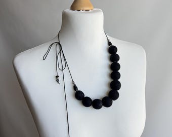 Minimalist Black Necklace, Sculptural Textile Jewelry, Adjustable Statement Necklace