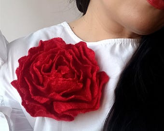Handmade Red Rose Brooch: Felted Merino Wool Flower Pin