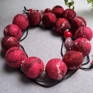 Handmade Merino Wool Felt Bead Necklace: Adjustable Red Statement Jewelry