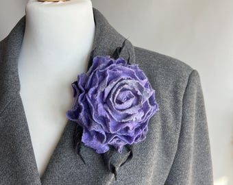 Purple Rose Brooch, Large 3D Merino Wool Flower Pin