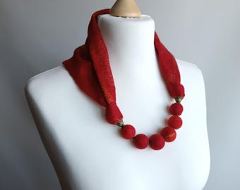 Statement Scarf Necklace, Red Textile Jewelry, Wearable Fiber Art Accessory