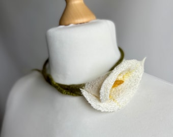 White Calla Lily Necklace, Botanical Lariat, Wearable Textile Art, Minimalist Flower Jewelry